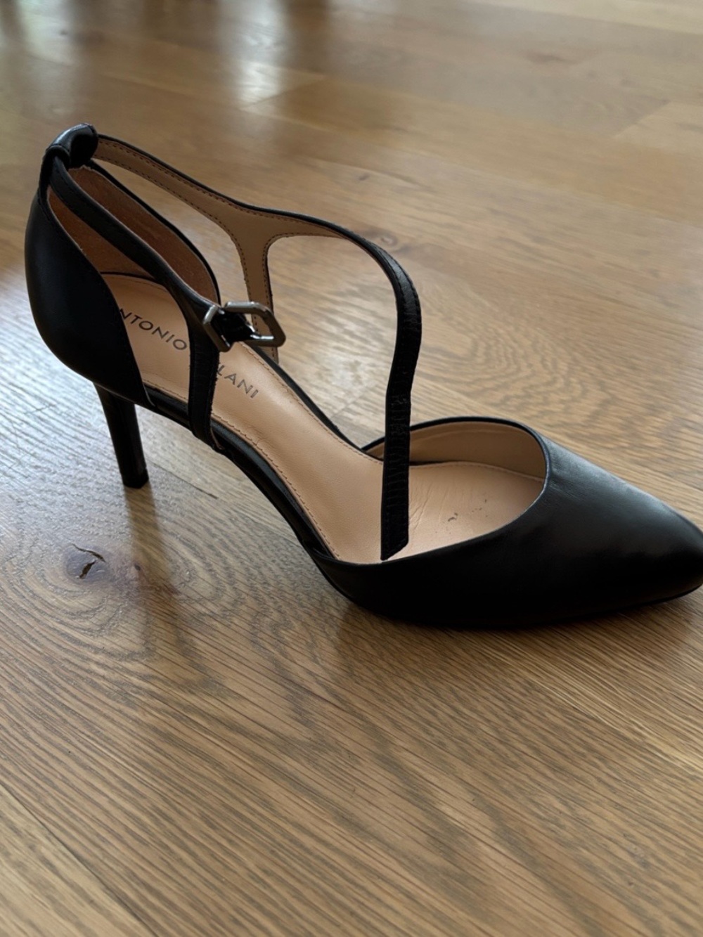 ANTONIO MELANI Black Leather Almond Toe Pump with Strap